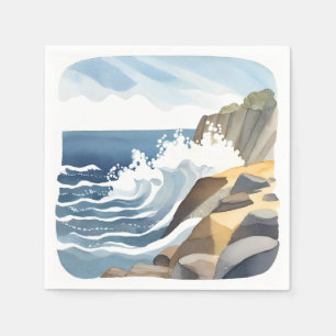 Crashing Waves Rocky Coastal Shore Watercolor Napkin