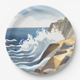 Crashing Waves | Rocky Coastal Shore Watercolor Paper Plate