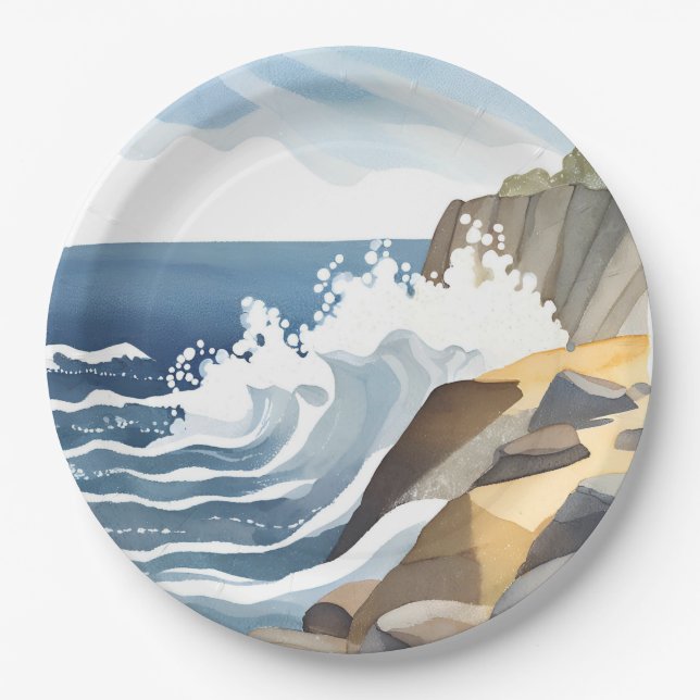 Crashing Waves | Rocky Coastal Shore Watercolor Paper Plate (Front)