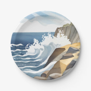 Crashing Waves   Rocky Coastal Shore Watercolor Paper Plate