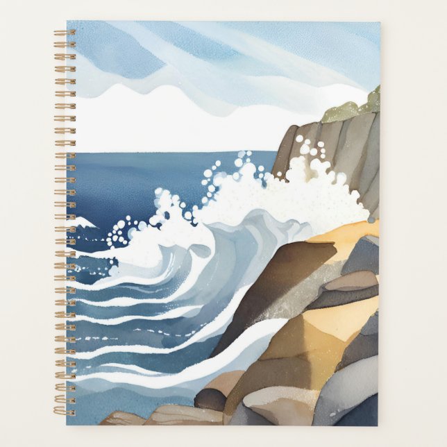 Crashing Waves | Rocky Coastal Shore Watercolor Planner (Front)