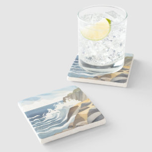 Crashing Waves Rocky Coastal Shore Watercolor Stone Coaster