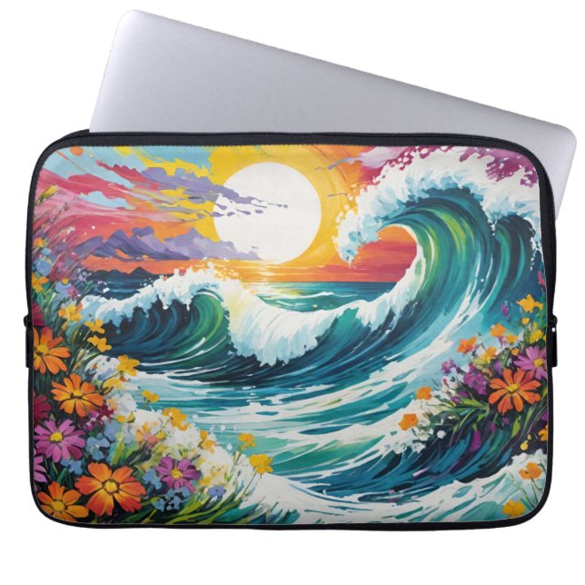 Crashing Waves Sunset and Wildflowers Laptop Sleeve (Front)