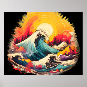 Crashing Waves Under a Golden Sunset Art Wall Poster