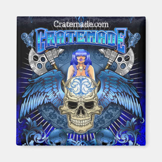 Cratemade Winged Skull Art Design square magnet (Front)