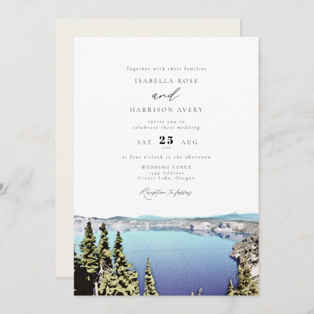 CRATER LAKE Destination Travel Park Pine Wedding Invitation (Front/Back)