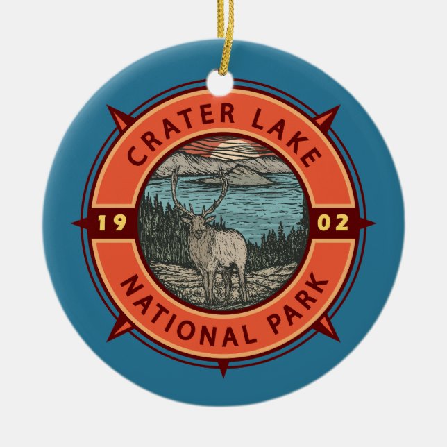 Crater Lake National Park Elk Retro Compass Emblem Ceramic Ornament (Front)