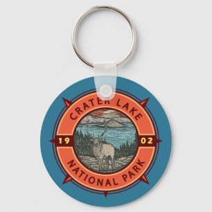Crater Lake National Park Elk Retro Compass Emblem Key Ring