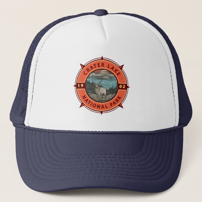 Crater Lake National Park Elk Retro Compass Emblem Trucker Hat (Front)
