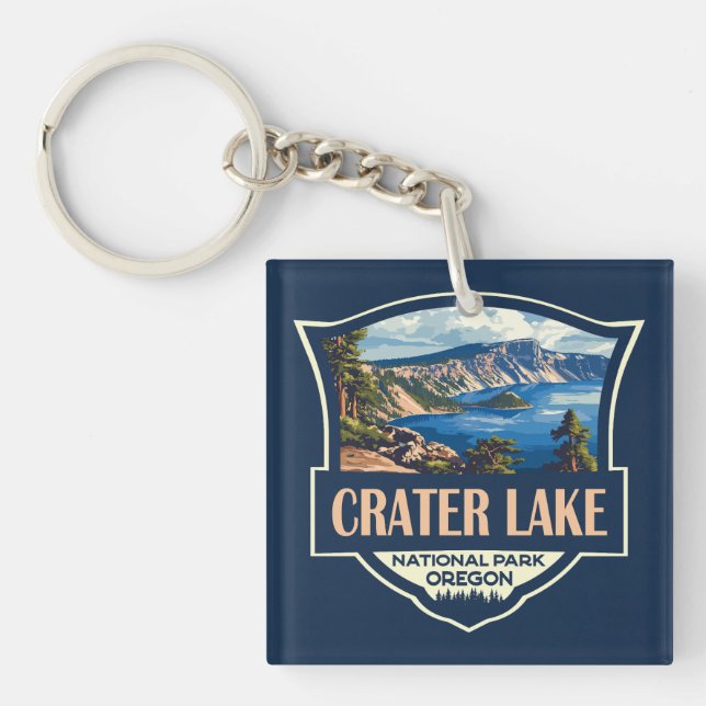 Crater Lake National Park Illustration Retro Badge Key Ring (Front)