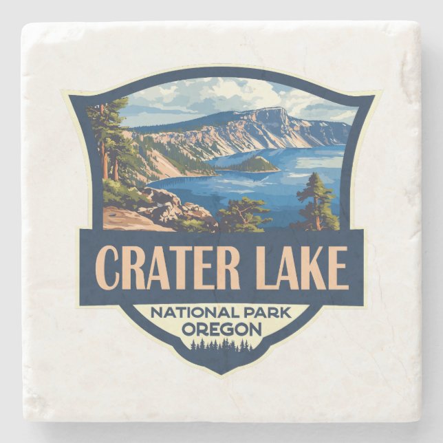Crater Lake National Park Illustration Retro Badge Stone Coaster (Front)