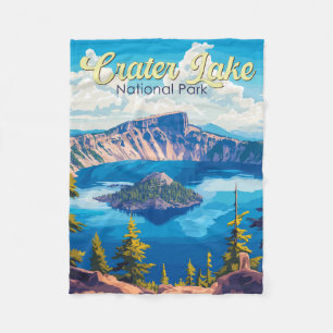 Crater Lake National Park Illustration Travel Art Fleece Blanket