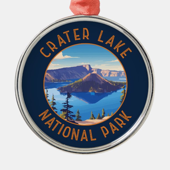 Crater Lake National Park Retro Distressed Circle Metal Ornament (Front)