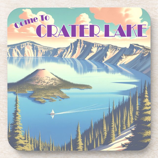 Crater Lake Vintage Poster Coaster (Front)