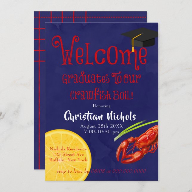 Crawfish Boil Blue Graduation Party Invitation (Front/Back)