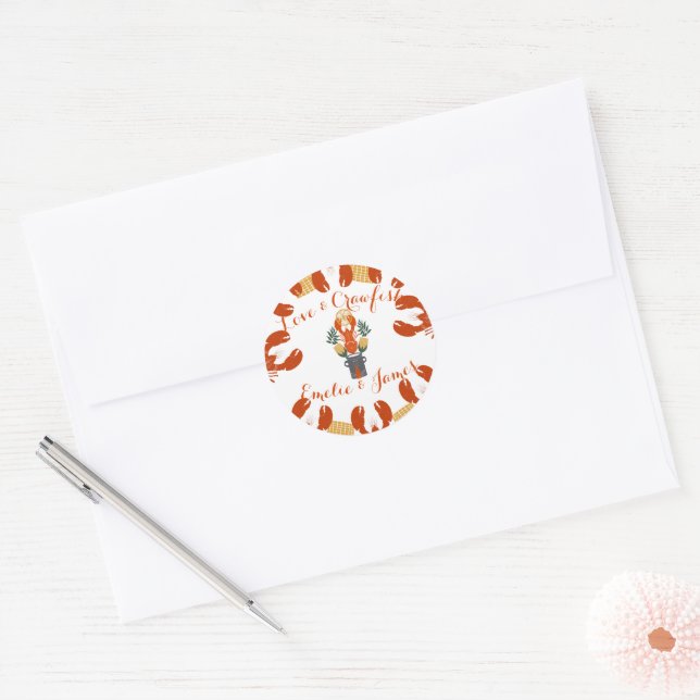 Crawfish Boil Engagement Party-Love & Crawfish Classic Round Sticker (Envelope)