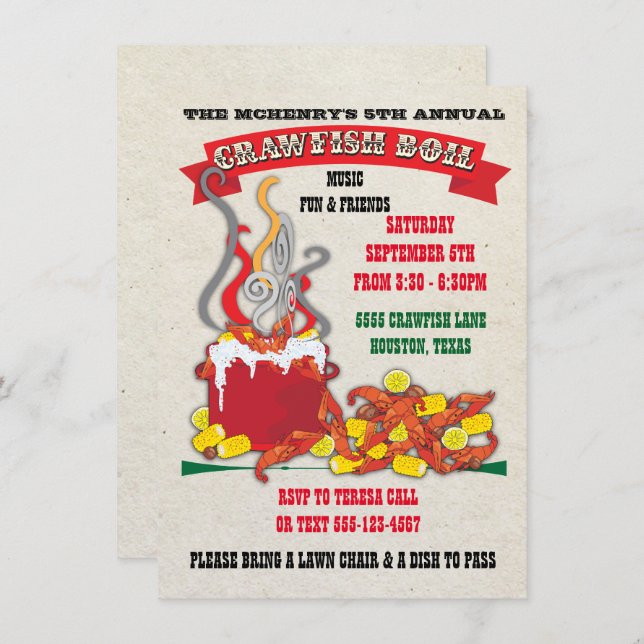 Crawfish boil invitations on antique background (Front/Back)