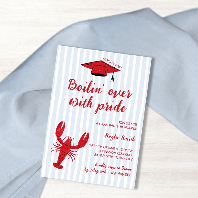 Crawfish Boil Light Blue & Red Doodle Grad Party Invitation (Crawfish Boil Light Blue & Red Doodle Grad Party Invitation)