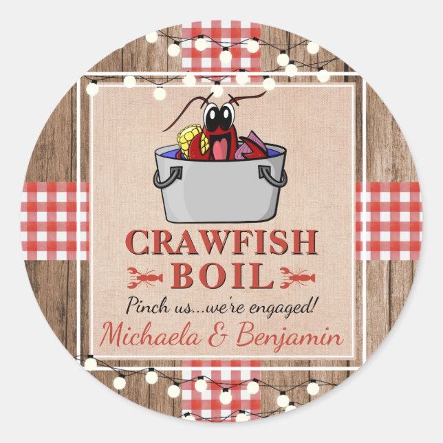 Crawfish Boil Lobster Rustic Engagement Party Classic Round Sticker (Front)
