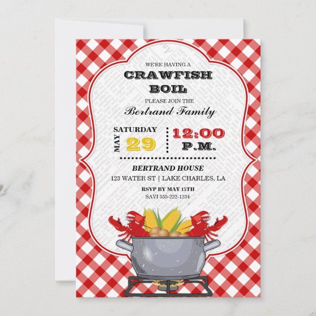 Crawfish Boil Pot Red Chequered Gingham Invitation (Front)