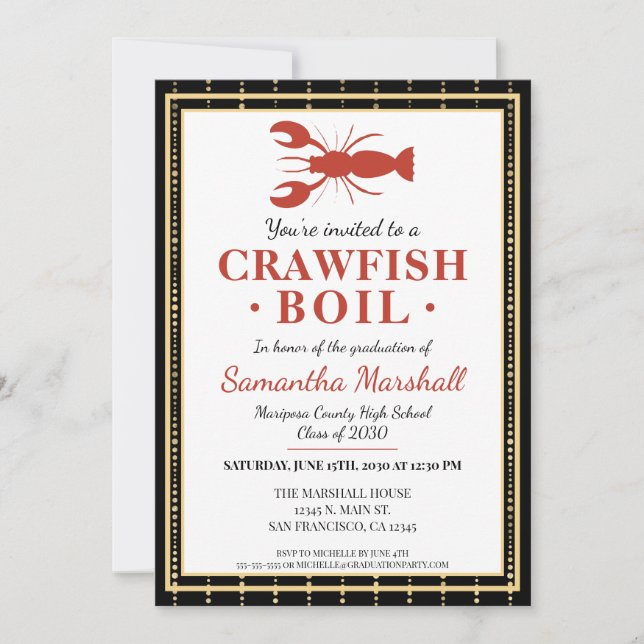 Crawfish Boil Seafood Black Gold Graduation Party Invitation (Front)