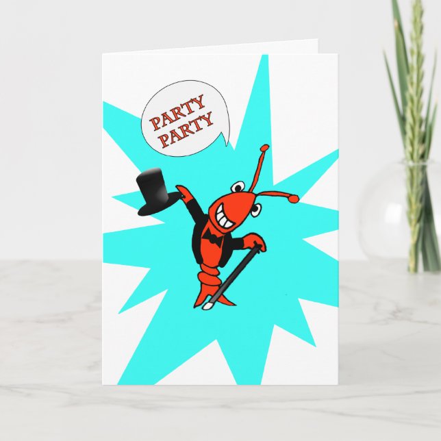 Crawfish / Lobster in Tuxedo Party Birthday (blue) Card (Front)