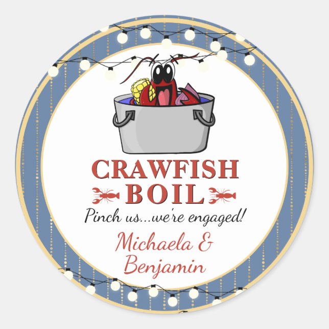Crawfish Seafood Boil Blue Gold Party Engagement Classic Round Sticker (Front)