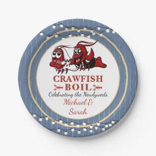 Crawfish Seafood Boil Newlyweds or Engagement Blue Paper Plate