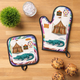 Crawford, painted circus crocodile oven mitt & pot holder set