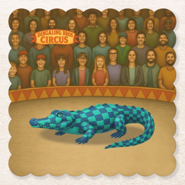 Crawford, painted circus crocodile paper coaster (Front)