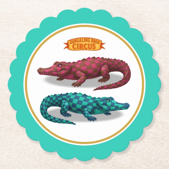 Crawford, painted circus crocodile paper coaster (Front)