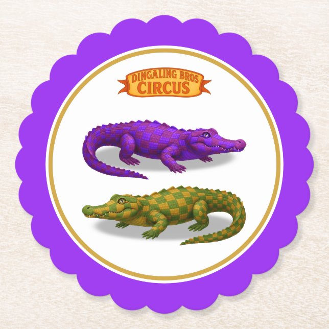 Crawford, painted circus crocodile paper coaster (Front)
