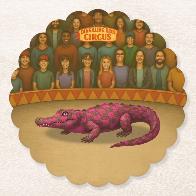 Crawford, painted circus crocodile paper coaster (Front)