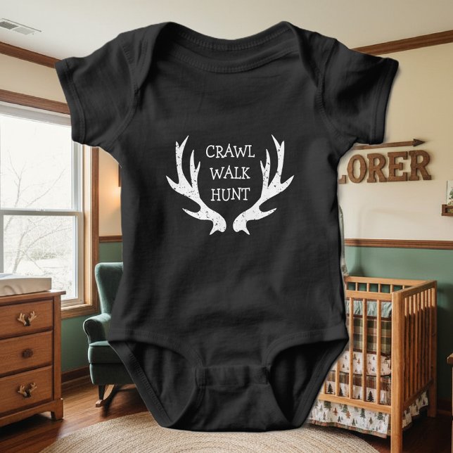 CRAWL WALK HUNT deer antler bodysuit for new baby (hunter baby bodysuit)