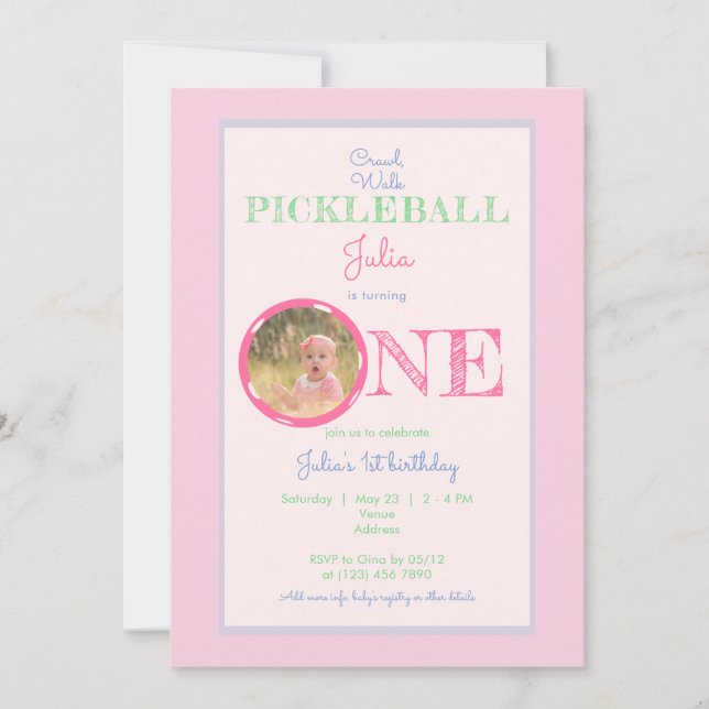 Crawl Walk Pickleball Theme Pink Mint 1st Birthday Invitation (Front)