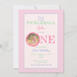 Crawl Walk Pickleball Theme Pink Mint 1st Birthday Invitation