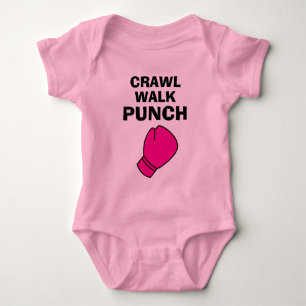 Crawl Walk Punch pink boxing glove baby bodysuit 
