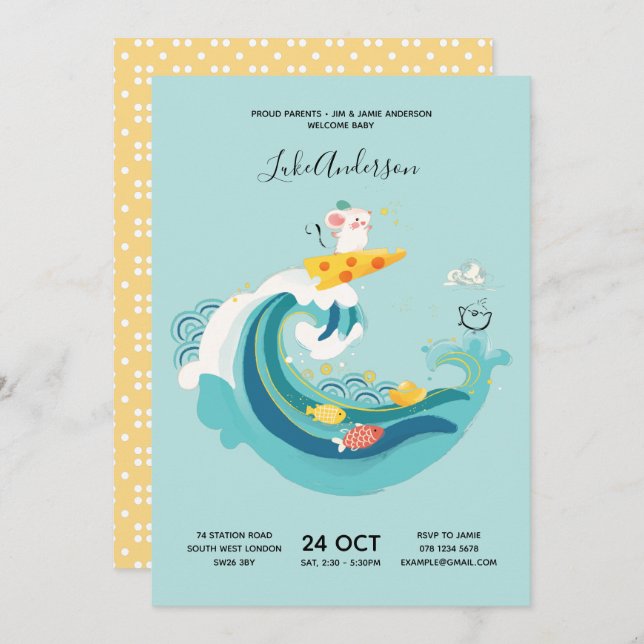 Crawl, Walk, Surf Wave Rat/Mouse Zodiac Baby Invitation (Front/Back)
