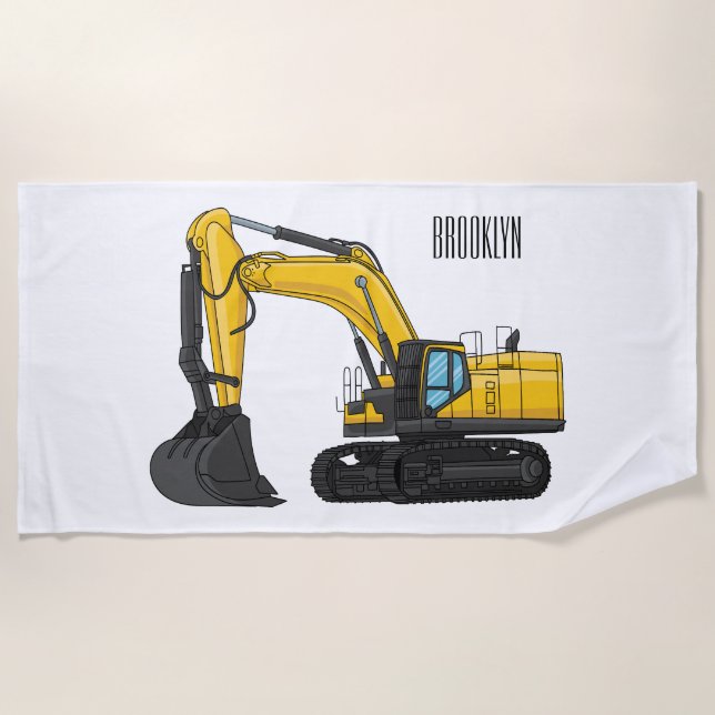 Crawler excavator cartoon illustration beach towel (Front)