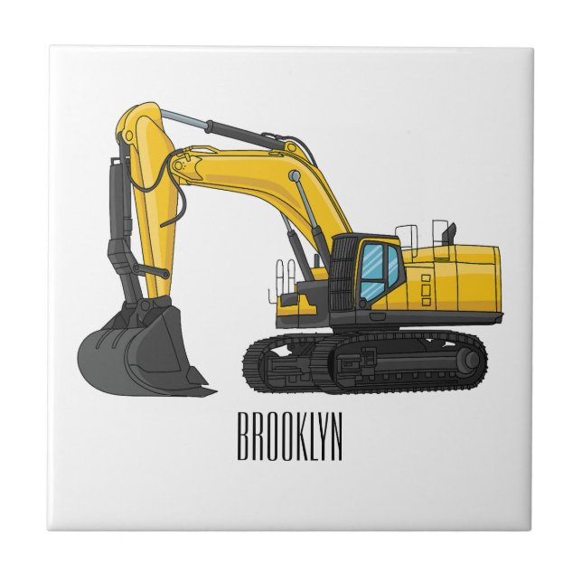 Crawler excavator cartoon illustration  ceramic tile (Front)
