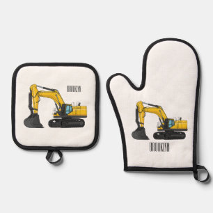 Crawler excavator cartoon illustration oven mitt & pot holder set