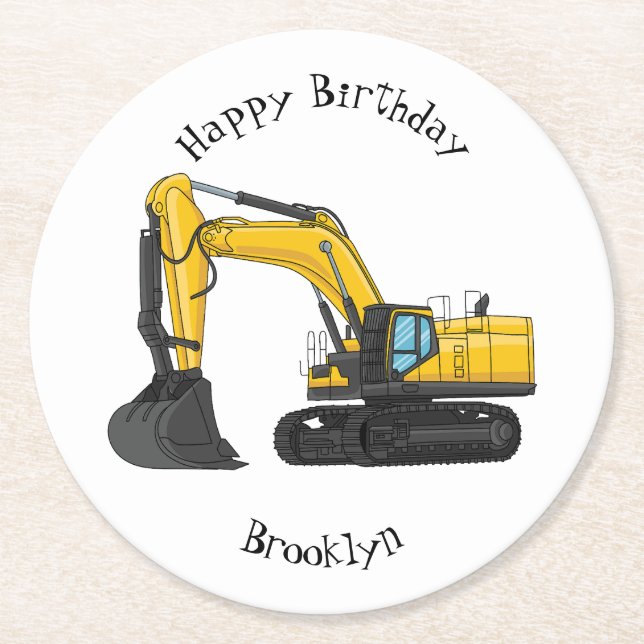 Crawler excavator cartoon illustration round paper coaster (Front)
