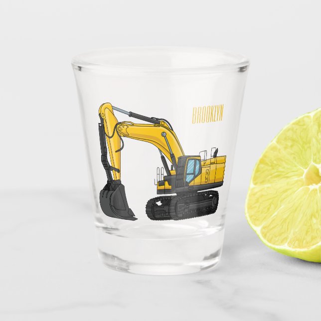 Crawler excavator cartoon illustration shot glass (Front)