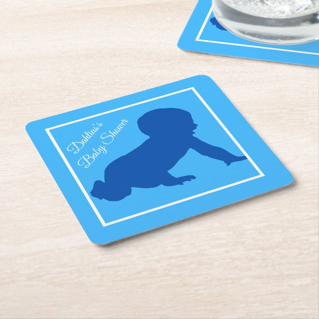 Crawling baby Blue Baby Shower Square Paper Coaster (Angled)