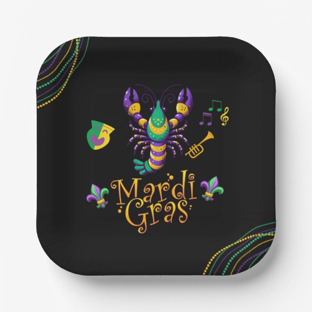 Crayfish/trumpet/mask/fleur de lis Mardi Gras  Paper Plate (Front)