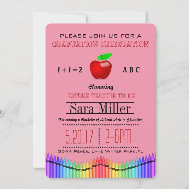Crayon & Apple Teacher Graduation Invitation (Front)