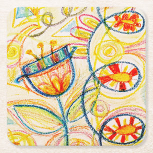 Crayon Art Doodles Square Paper Coaster