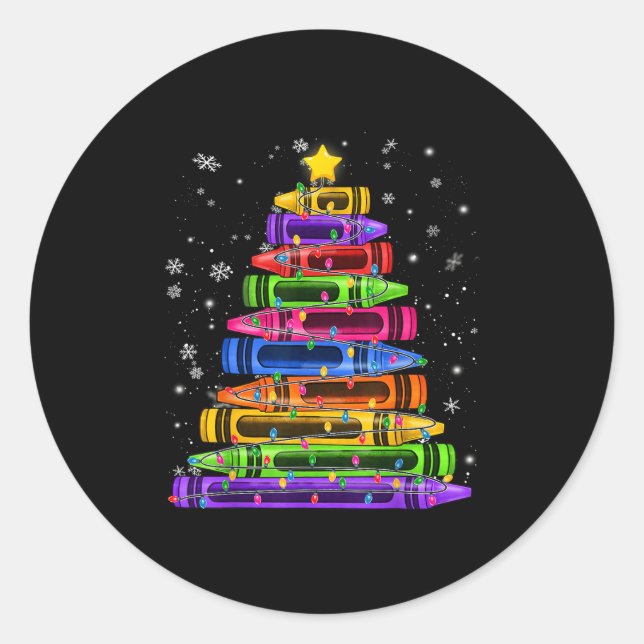 Crayon Christmas Tree Lights School Teacher Studen Classic Round Sticker (Front)
