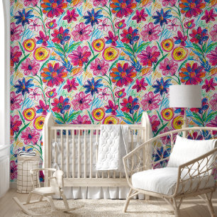 Crayon Colourful Flowers Seamless Pattern Wallpaper