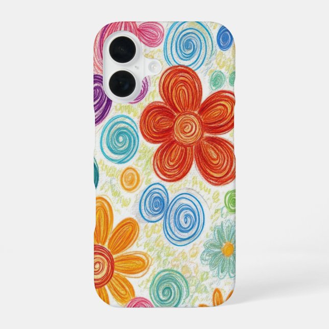 Crayon Doodle Daisy Design iPhone 16 Case (Back)